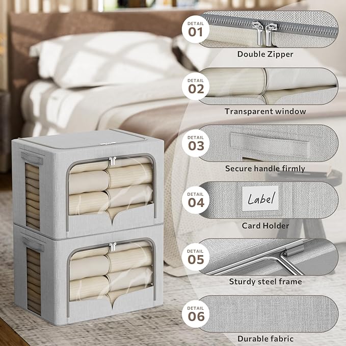 3 Pack Clothes Storage Bins Foldable Metal Frame Storage Box Stackable Linen Fabric Organizer Set with Carrying Handles and Clear Window (Light Gray, 15.7x11.8x11.8inch(36L))