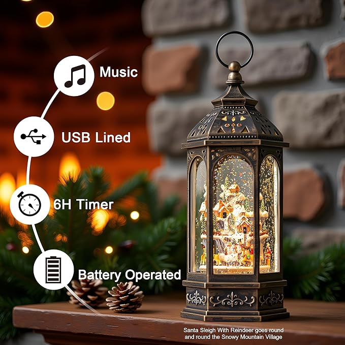 Animated Christmas Village Buildings with Moving Figurines Lighted Water Lantern, USB Lined/Battery Operated Snow Globe for Christmas Festival Decoration Gifts