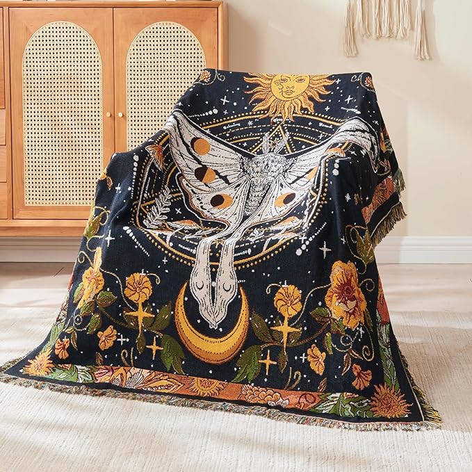Boho Throw Blanket Reversible Cotton Bohemian Tapestry Hippie Room Decor Outdoor Blanket Double Sided (Black Butterfly 50"x60")