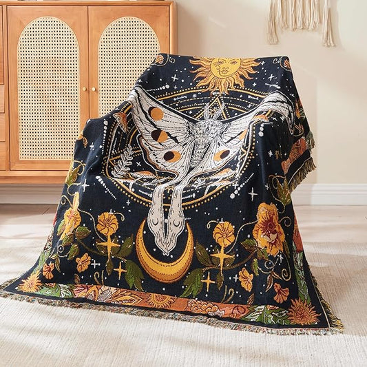 Boho Throw Blanket Reversible Cotton Bohemian Tapestry Hippie Room Decor Outdoor Blanket Double Sided (Black Butterfly 50"x60")