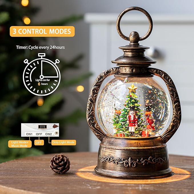 Nutcracker Snow Globe, Musical Christmas Water Lantern with Swirling Glittering Home Decoration and Gift, Battery Operated or USB Powered