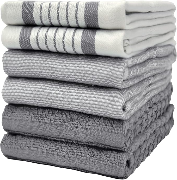 6 Pack 20x28" Absorbent Cotton Kitchen Towels with Hanging Loop - Grey Striped