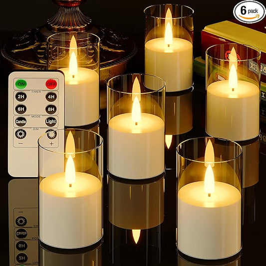 6Pack Flickering Flameless LED Candles with Remote & Timer, Battery Powered - Small Pillar & Votive, Clear (2"X3")