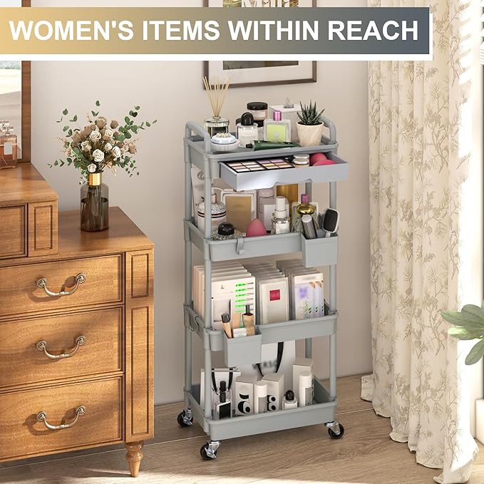 Goovilla 4 Tier Rolling Utility Cart Organizer with Removable Drawer, Stable and Sturdy Grey Rolling Storage Carts with 2 Lockable Wheels for Bathroom, Kitchen, Snack, Craft, Makeup, Baby Essentials