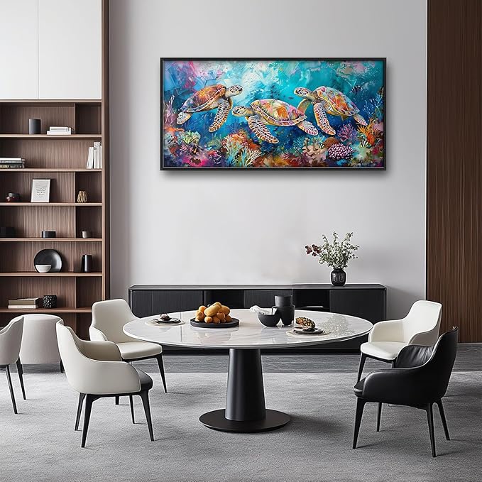 Sea Turtle Large Framed Wall Art Coastal Ocean Nautical Pictures Oversized Colorful Undersea Wall Decor Coral Reef Canvas Print Painting Aesthetic Modern Artwork for Living Room Bedroom Office Bathroom Home Decor 60L"x30W"