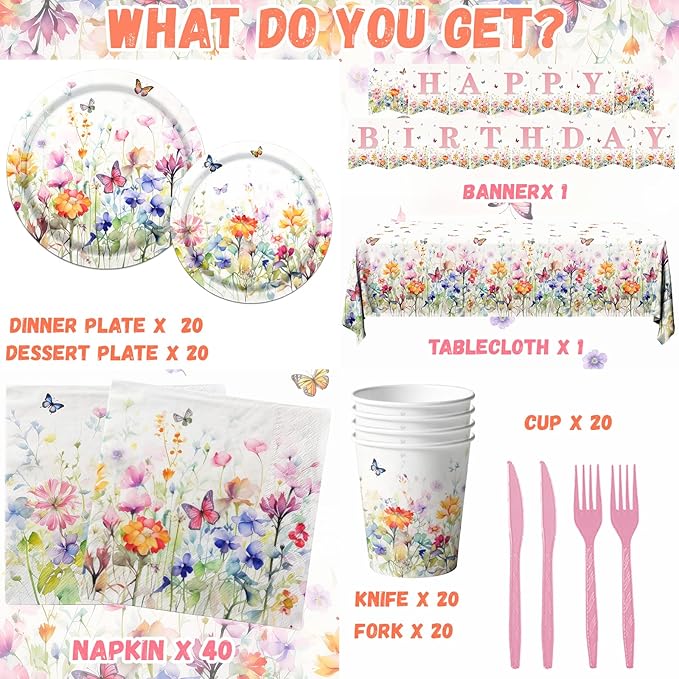 Wildflower Baby Shower Decorations,142Pcs Wildflower Baby in Bloom Plates and Napkins,Tablecloth,Cup Butterfly Floral Theme Table Decorations for Bridal Shower Birthday Party
