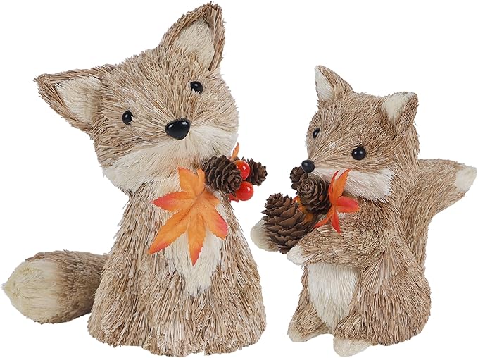 winemana Fall Decor Thanksgiving Decoration Sisal Fox, Set of 2 Table Centerpiece Foxes Animals Figurines, Handmade Ornaments Autumn Fall Decorations for Home Mantel Fireplace