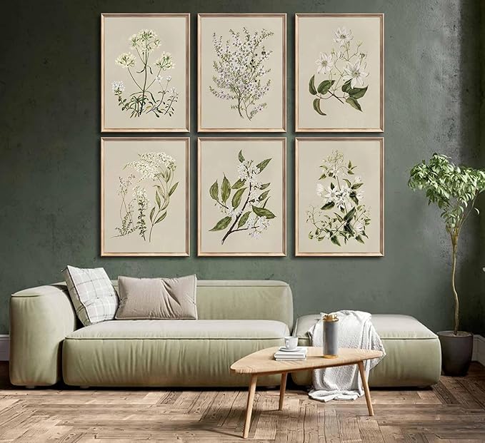 6 PCS Neutral Floral Canvas Wall Art Vintage Rustic Farmhouse Flower Botanical Painting Picture Wall Decor Poster Print Artwork for Living Room Bedroom Home Decoration Unframed