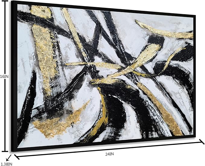 Yihui Arts Black White Canvas Wall Art - Hand Painted Modern Abstract Oil Painting with Gold Foil and Floating Frame