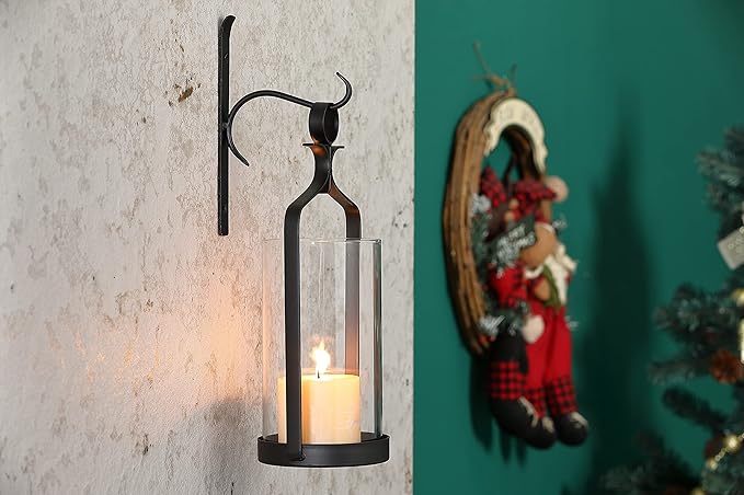 Hanging Hurricane Glass Wall Sconce Candle Holder Black Metal Wall Decorations HLJ15-291B