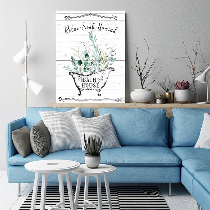 Floral Canvas Wall Art, Flowers Leaves Wall Decor, Rustic Wood Backdrop Bathroom Decor For Vintage Farmhouse Framed Canvas Artwork Ready to Hang 12x16inch