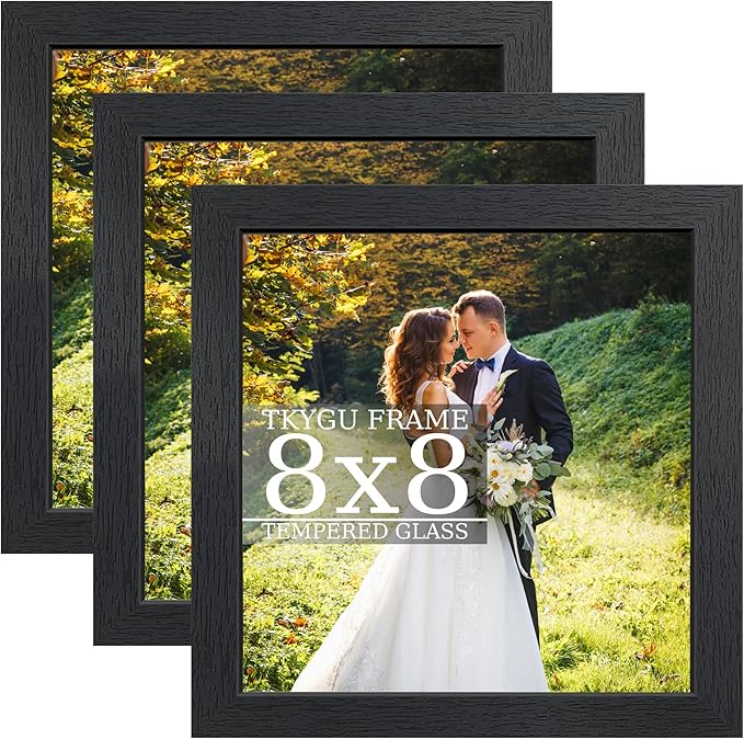 8x8 wood Picture Frame Set of 3, Made of Real Glass for 8x8 Black Frames, Wall and Tabletop Display Photo Frame for Home Décor Gallery Family Wedding Memorial Pic Frame Gift