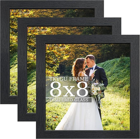 8x8 wood Picture Frame Set of 3, Made of Real Glass for 8x8 Black Frames, Wall and Tabletop Display Photo Frame for Home Décor Gallery Family Wedding Memorial Pic Frame Gift