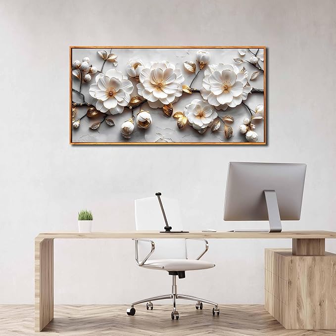 Ouzzlie White Flowers Wall Art for Living Room Floral Beautiful Pictures for Wall Nature Wall Decor Bedroom 24"x 48"