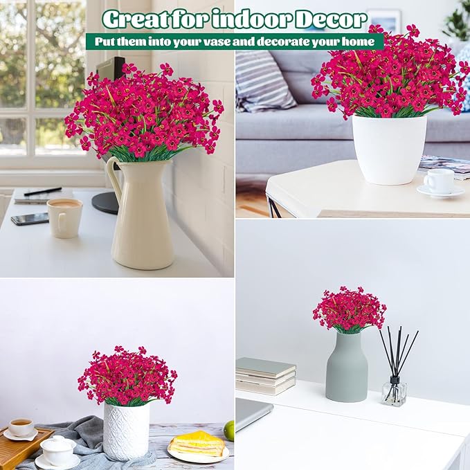 Lnoicy 12 Pcs Artificial Flowers for Outdoor,Plastic Flowers Decoration, UV Resistant Faux Flowers Shrubs, Artificial Plants for Indoor Outside Garden Home Wedding Farmhouse（Rose Red）