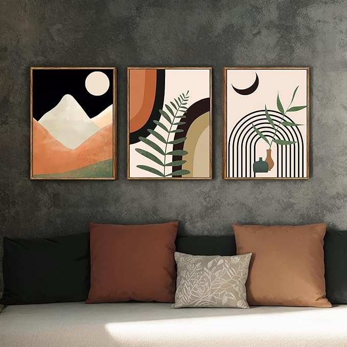 WRFON Boho Wall Art Set of 3 - Mid Century Modern Neutral Abstract Geometric Botanical Prints, Black and Beige Framed Canvas Wall Art for Living Room Decor, Ready to Hang, 12x16 inch