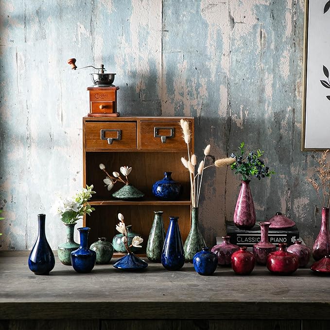 Blue Ceramic Bud Vases, Set of 6 Small Glazed Pottery Vases for Floral Arrangements, Decorative Rustic Vases for Modern Farmhouse Home Decor, Living Room, Dining Table Centerpieces