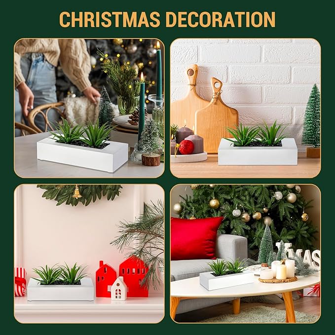 MyGift 10 Inch Artificial Grass Fake Plants in White Rectangular Wood Planter - Faux Plants Indoor for Tabletop Centerpiece Décor