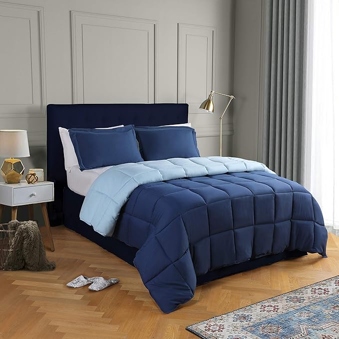 HIG 3pc Down Alternative Comforter Set - All Season Reversible Comforter with Sham - Quilted Duvet Insert with Corner Tabs - Box Stitched - Breathable, Soft, Fluffy (Twin/Twin XL, Navy/Light Blue)