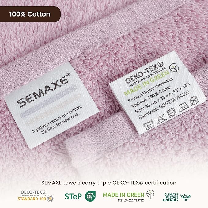 SEMAXE 100% Cotton Washcloths 12-Pack, 13 × 13 Inch Soft Luxury Face Towels – Super Absorbent & Quick-Dry, Premium Cloth with Hanging Loop, Oeko-TEX Certified, Gift-Ready Box, Purple