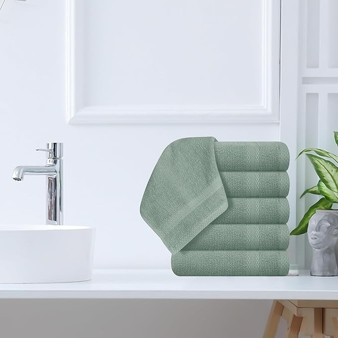GLAMBURG Ultra Soft 12-Piece Washcloths Set 13x13-100% Ringspun Cotton - Durable & Highly Absorbent Face Towels - Ideal for use in Bathroom, Kitchen, Gym, Spa & General Cleaning - Jade
