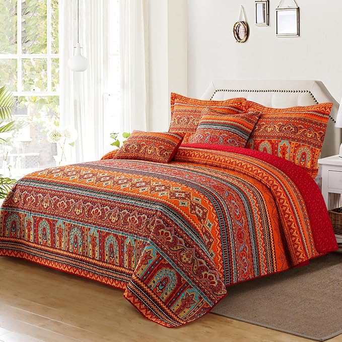 VAPUTAR Quilt California King Size Bedding Set - Cotton California King Quilt (108 * 118 Inch) - Boho Lightweight Reversible Oversized Bedspread for Farmhouse Bedroom (Red/Orange), 3 Pieces