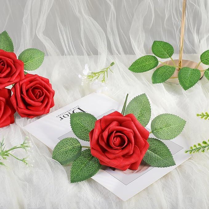 AmyHomie 25pcs Real Looking Artificial Red Roses w/Stem for DIY Wedding Bouquets Centerpieces Arrangements Party Baby Shower Home Decorations