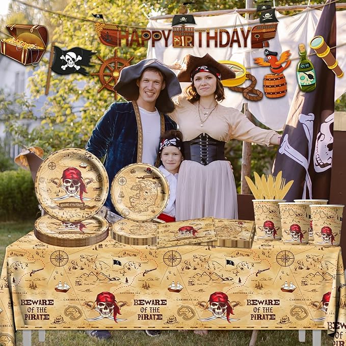 Pirate Party Supplies - 142Pieces Beware of the Pirate Theme Tableware Set Incluedes Pirate Plates,Tablecloth,Napkins Treasure Map Theme Decorations for Baby Shower Party,Adventure Party