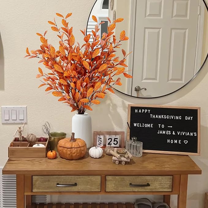 Sggvecsy 6 Pcs Artificial Fall Eucalyptus Stems Fall Eucalyptus Leaves Silk Autumn Leaf Branches Fall Decorations for Home Vase Thanksgiving Table Centerpieces Harvest Festival Decor (Orange)