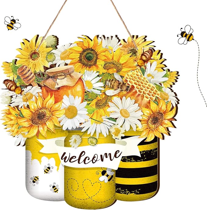 Spiareal Bee Welcome Yellow Hanging Front Door Summer Decorations for Home Hanger Wooden Sign Farmhouse Wall Bright Porch Decoration Art Wreaths for Front Door Outside All Season