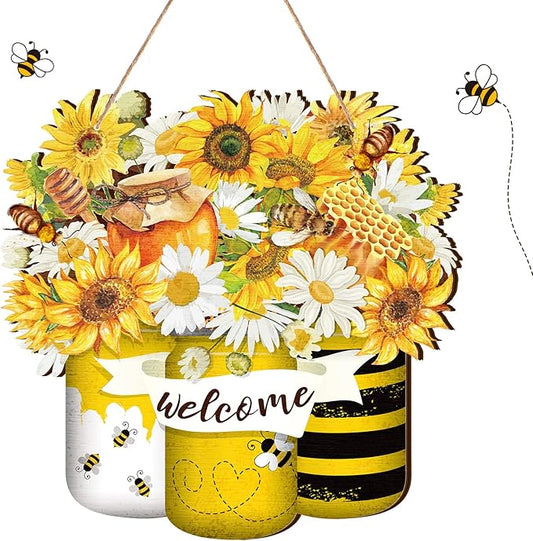 Spiareal Bee Welcome Yellow Hanging Front Door Summer Decorations for Home Hanger Wooden Sign Farmhouse Wall Bright Porch Decoration Art Wreaths for Front Door Outside All Season
