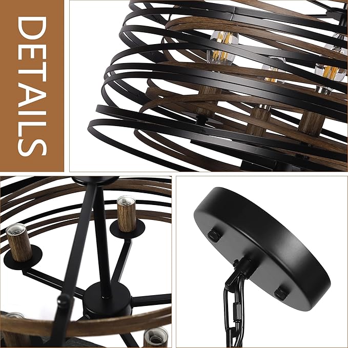 19.7'' Farmhouse Dining Room Light Fixture, 5-Light Metal Drum Chandelier, Black with Retro Wood Texture Interior