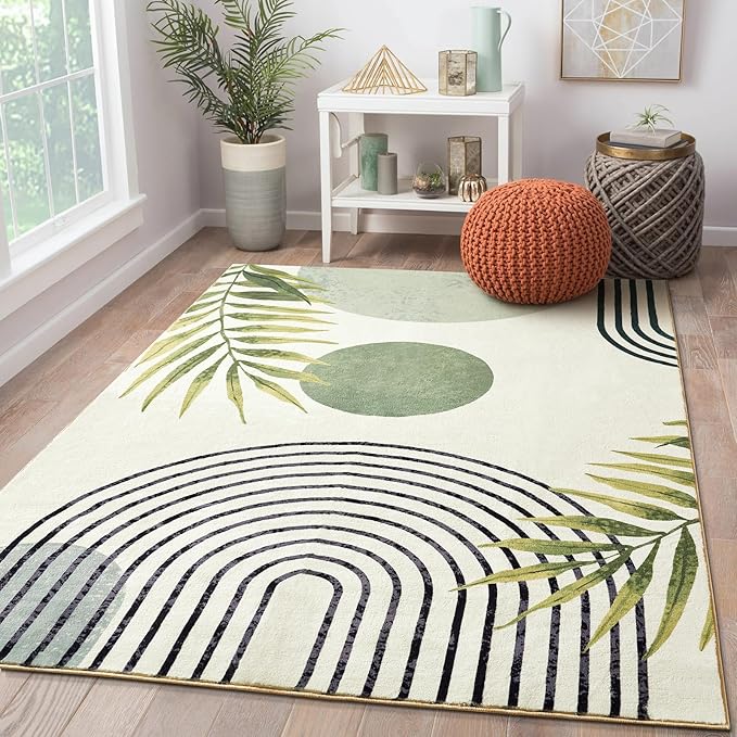 RoomTalks Mid Century Modern Washable Rug Stain Resistant, Boho Cute Aesthetic 9x12 Area Rugs for Bedroom Dining Living Room Office, Green Abstract Tropical Leaves Indoor Rug Plant Botanical Carpet