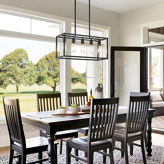 5-Light Kitchen Light Fixtures Black Farmhouse Chandelier Rectangular Dining Room Light Fixture Linear Pendant Lighting Hanging Lights for Kitchen Island Living Room Adjustable Height E26