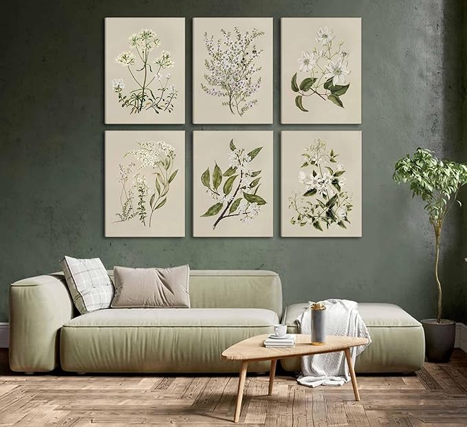 6 PCS Neutral Floral Canvas Wall Art Vintage Rustic Farmhouse Flower Botanical Painting Picture Wall Decor Poster Print Artwork for Living Room Bedroom Home Decoration