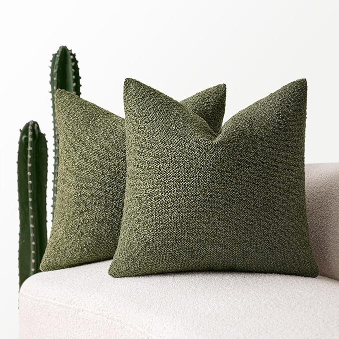 MIULEE 20x20 Inch Decorative Pillow Covers for Couch Bed Set of 2 Textured Boucle Neutral Throw Pillows Olive Green Accent Solid Cushion Pillowcase Cozy Soft Sofa Livingroom Home Decor