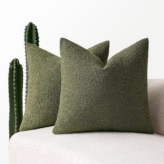 MIULEE 18x18 Inch Decorative Pillow Covers for Couch Bed Set of 2 Textured Boucle Neutral Throw Pillows Olive Green Accent Solid Cushion Pillowcase Cozy Soft Sofa Livingroom Home Decor