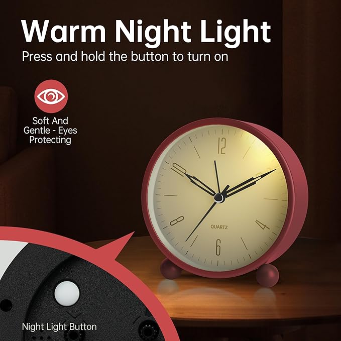 Analog Alarm Clock, 4 inch Super Silent Non Ticking Small Clock with Night Light, Battery Operated, Simple Design, Old Fashioned Style Wine-red Decor, for Bedroom, Bedside, Desk, Adult, Kid, Gift, Red