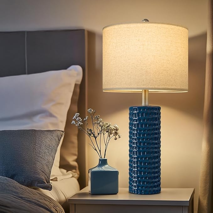 PORTRES 24.75" Modern Accent Ceramic Table Lamp Set of 2 for Bedroom Desk Decor Bedside Lamps for Living Room Study Room Office Dorm Farmhouse Nightstand Lamp End Table Lamps (Blue)