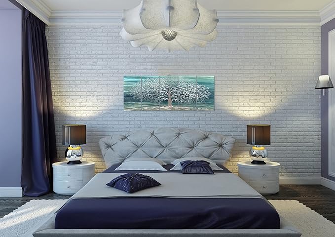 Yihui Arts Large Metal Wall Art Handcrafted Aesthetic Tree Pictures on Aluminum 5 Panels Teal and Silver Abstract Landscpae Artwork for Living Room Bedroom Dinning Decor