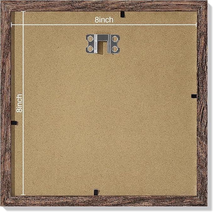 Vittanly 8x8 Picture Frames Set of 9, Shatter Resistant Plexiglass, Display 4x4 Pictures with Mat or 8x8 without Mat, Photo Frames for Wall Mount, Engineered Wood, Brown
