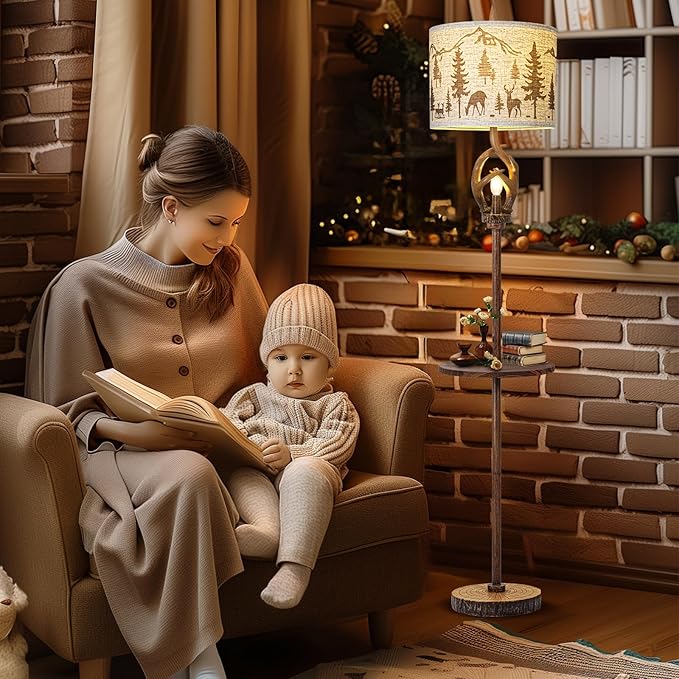 Vintage Deer Antlers Floor Lamps for Living Room with Night Light, Rustic Tall Lamp Decor for Bedroom with Metal Tray. Farmhouse Standing Lamp for Home Office Study Restaurant (Bulb Included)