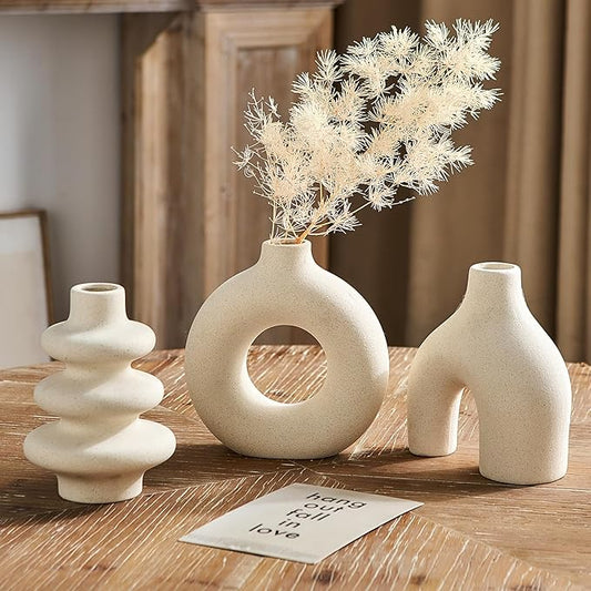 White Ceramic Vase Set of 3, Modern Boho Vases for Home Decor, Small Flower Vases for Pampas Grass, Round White Vases Centerpieces for Wedding Coffee Table Shelf Living Room Bedroom Entryway