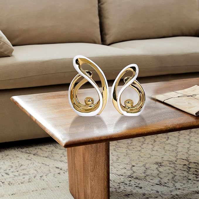 2 Pcs White and Gold Decor Ceramic Decor Statue Centerpieces Table Sculpture Decoration Figurine Art Mid Century Modern Decor for Dining Room Living Room Bedroom Shelf Office Coffee Table Decorative