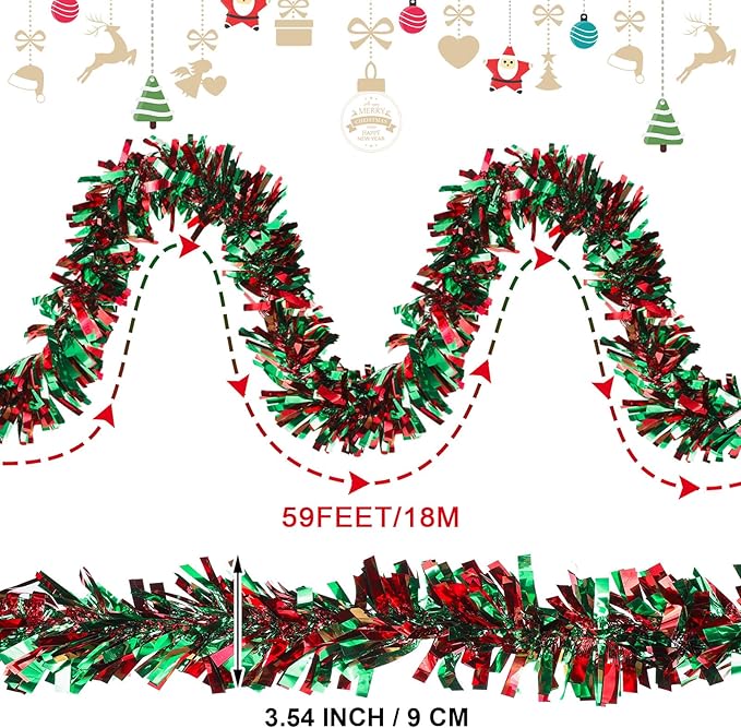 Dingion 59 Feet Christmas Tinsel Garland Metallic Twist Ornaments Hanging Glitter Xmas Garland for Christmas Tree Indoor Outdoor Decoration Party Supplies