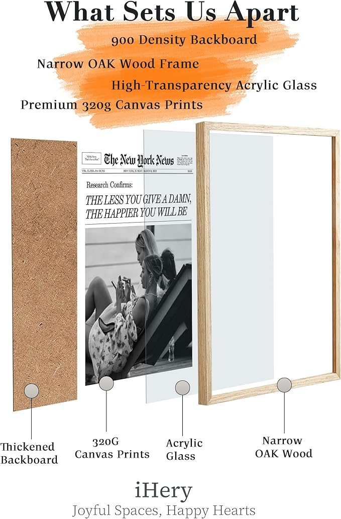 iHery Natural OAK Wood Newspaper Trendy Black White Framed Wall Art, Large 16x20 in Vintage Headline Beige Canvas Wall Art, The Less You Give a Damn, Set of 1 Apartment Bedroom Decor College Dorm