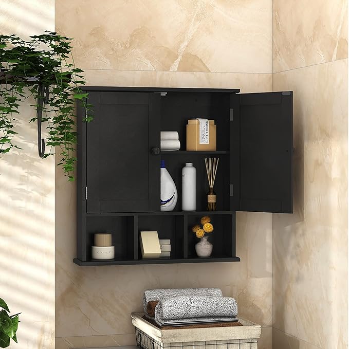 TaoHFE Black Bathroom Cabinet, Wall Mounted 2 Door Storage With Adjustable Shelves, Over The Toilet Medicine Cabinet for Laundry Room Kitchen