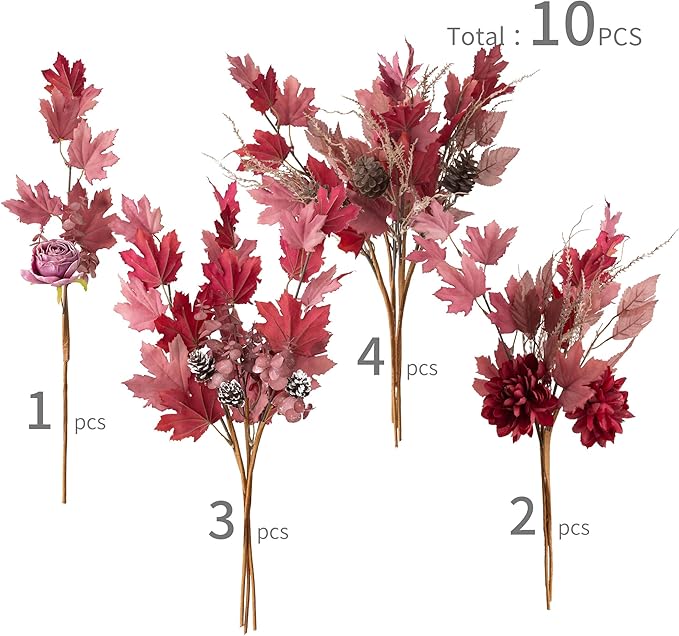 MISSPIN 10 PCS 18 inch Fall Decor Bouquets, Fall Decorations Indoor Outdoor Halloween Thanksgiving Farmhouse Arrangement for Front Door Wedding Centerpieces in Autumn (Burgundy)