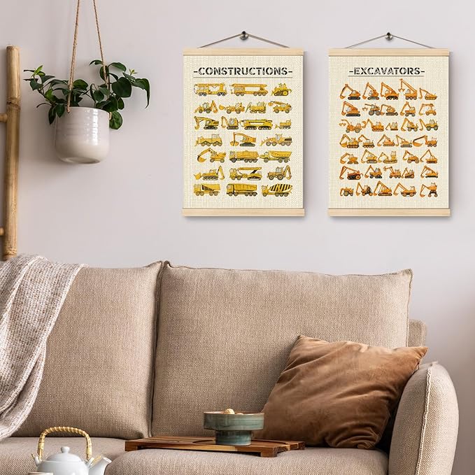 HKTZM Constructions Excavators Wall Decor, Constructions Nursery Wall Art With Wooden Poster Hanger, Transport Posters Walls Decoration for Kids Boys Room Nursery Playroom, 12x16 Inch Set of 2