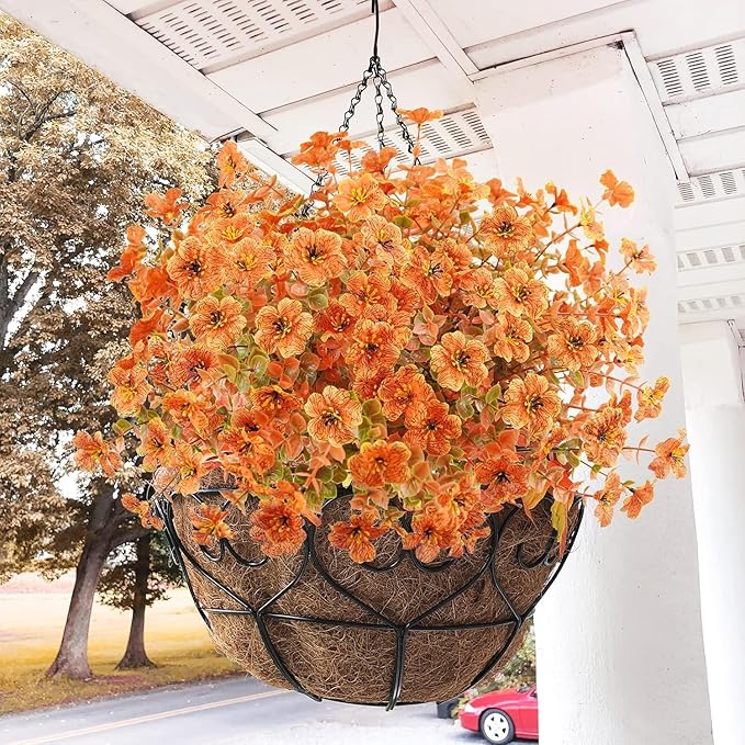 Agusbagli 24Pcs Artificial Fall Flowers Outdoor Autumn Fake Flowers UV Resistant Faux Plastic Greenery Shrub Plant for Wedding Home Garden Window Box Fireplace Thanksgiving Christmas Decor Orange